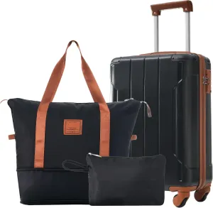 Hardshell Luggage Sets 3 Piece Carry-on Suitcase Double Spinner Wheels with TSA Lock for Men Women (Black Brown)