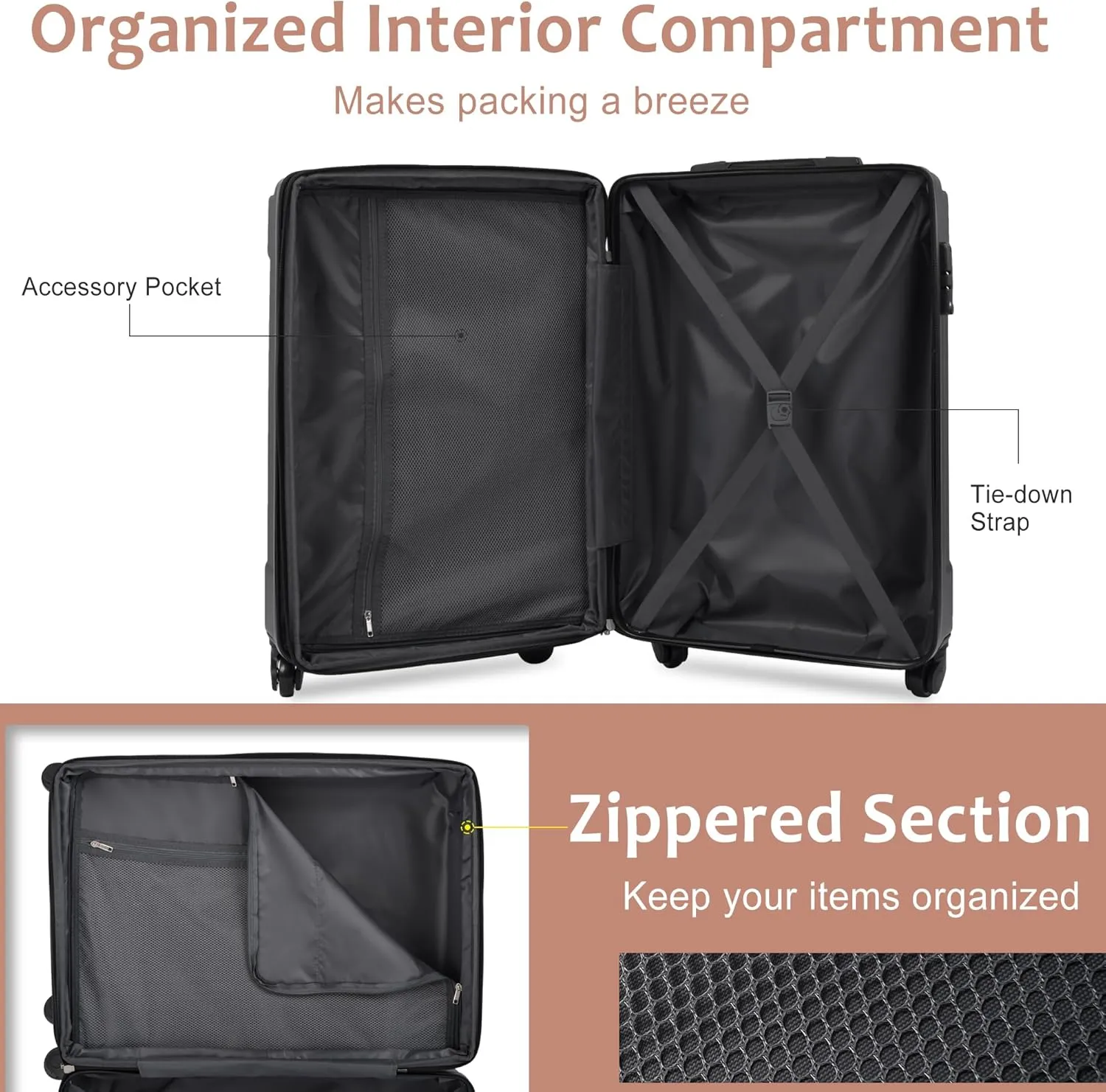 Hardshell Luggage Sets 3 Piece Carry-on Suitcase Double Spinner Wheels with TSA Lock for Men Women (Black Brown)