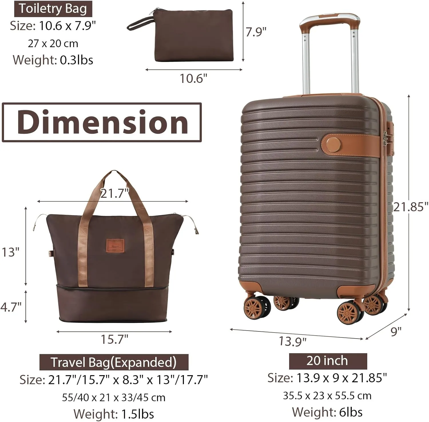 Hardshell Luggage Sets 3 Piece Carry-on Suitcase Double Spinner Wheels with TSA Lock for Men Women (Brown)
