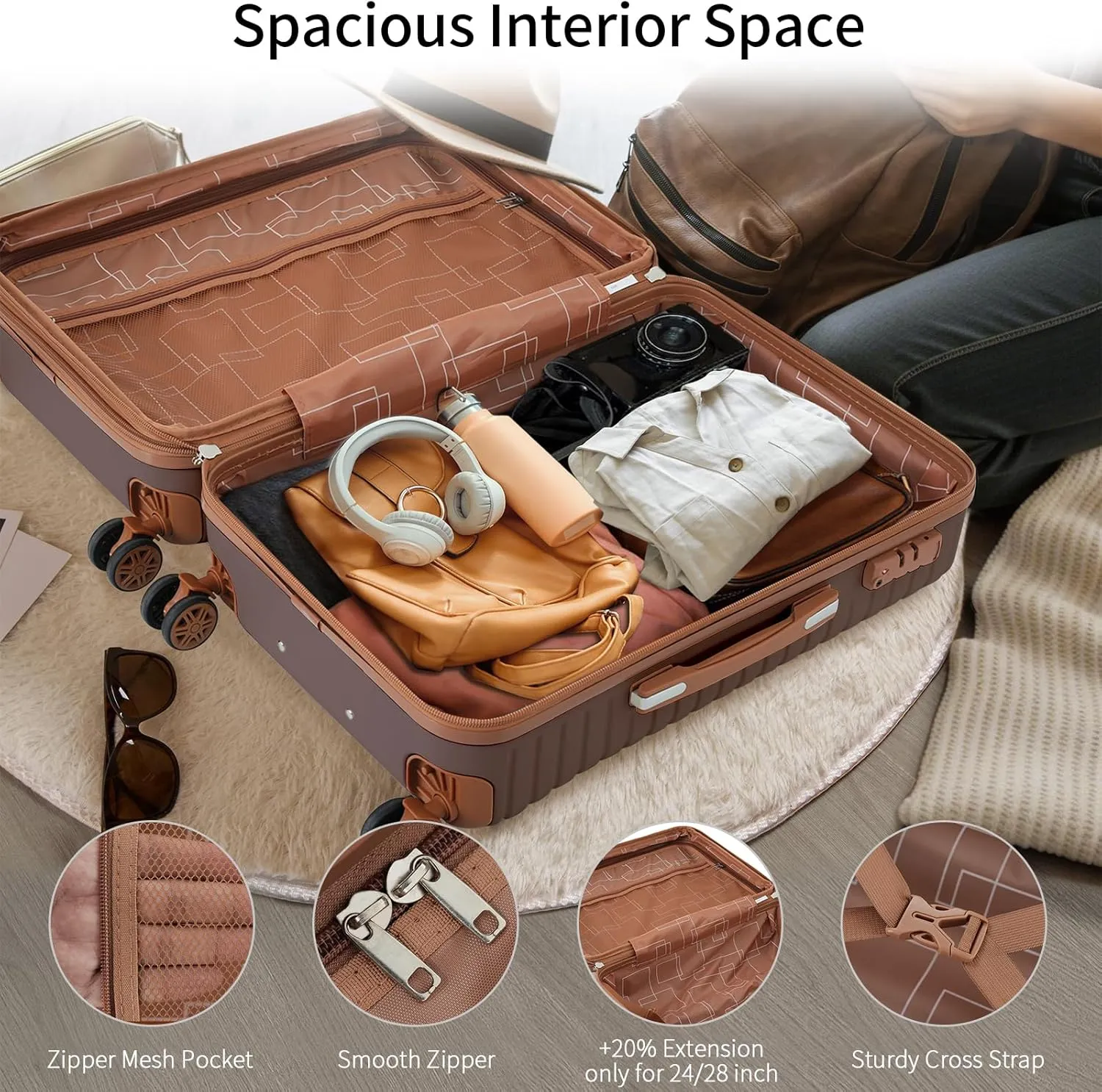 Hardshell Luggage Sets 3 Piece Carry-on Suitcase Double Spinner Wheels with TSA Lock for Men Women (Brown)