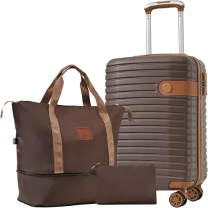Hardshell Luggage Sets 3 Piece Carry-on Suitcase Double Spinner Wheels with TSA Lock for Men Women (Brown)