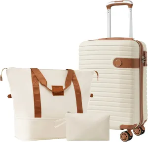 Hardshell Luggage Sets 3 Piece Carry-on Suitcase Double Spinner Wheels with TSA Lock for Men Women (Cream)