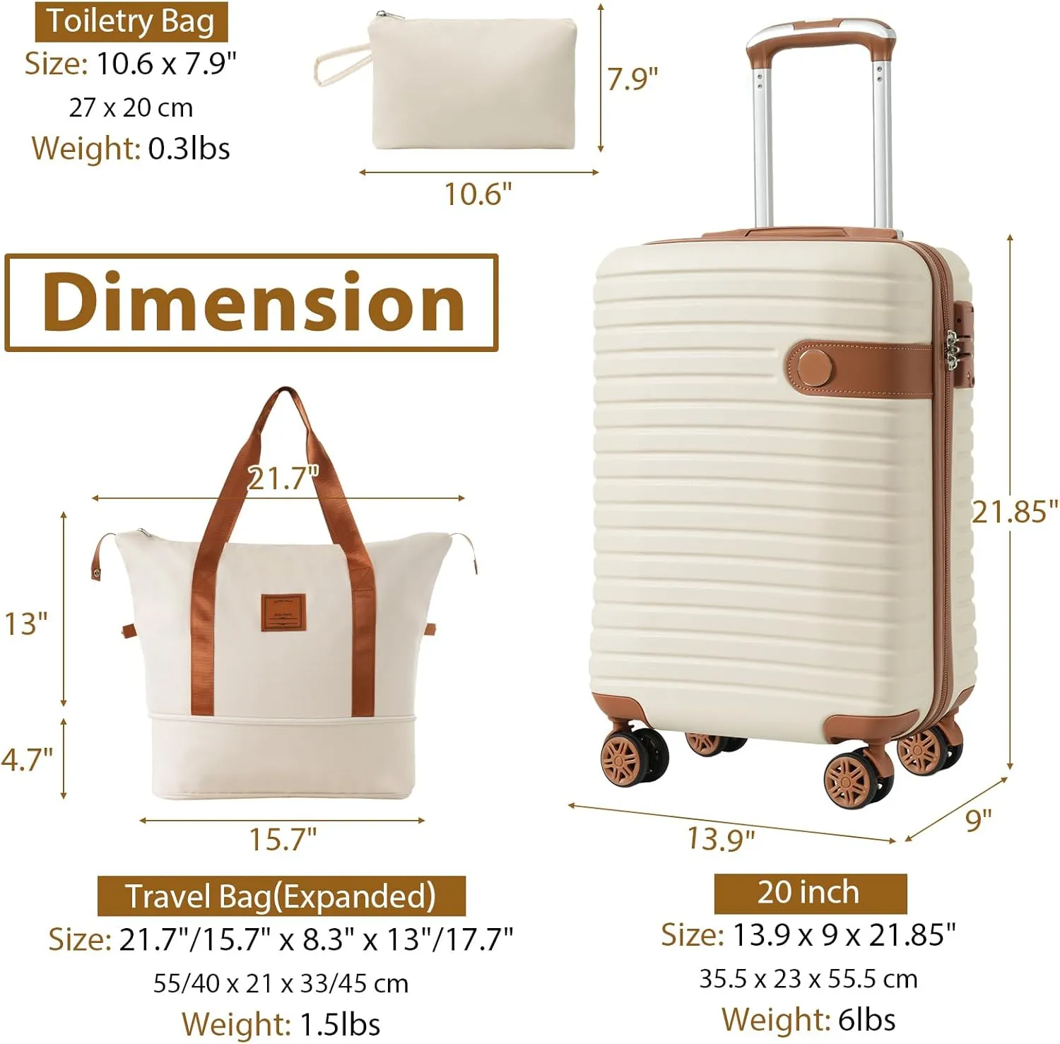 Hardshell Luggage Sets 3 Piece Carry-on Suitcase Double Spinner Wheels with TSA Lock for Men Women (Cream)