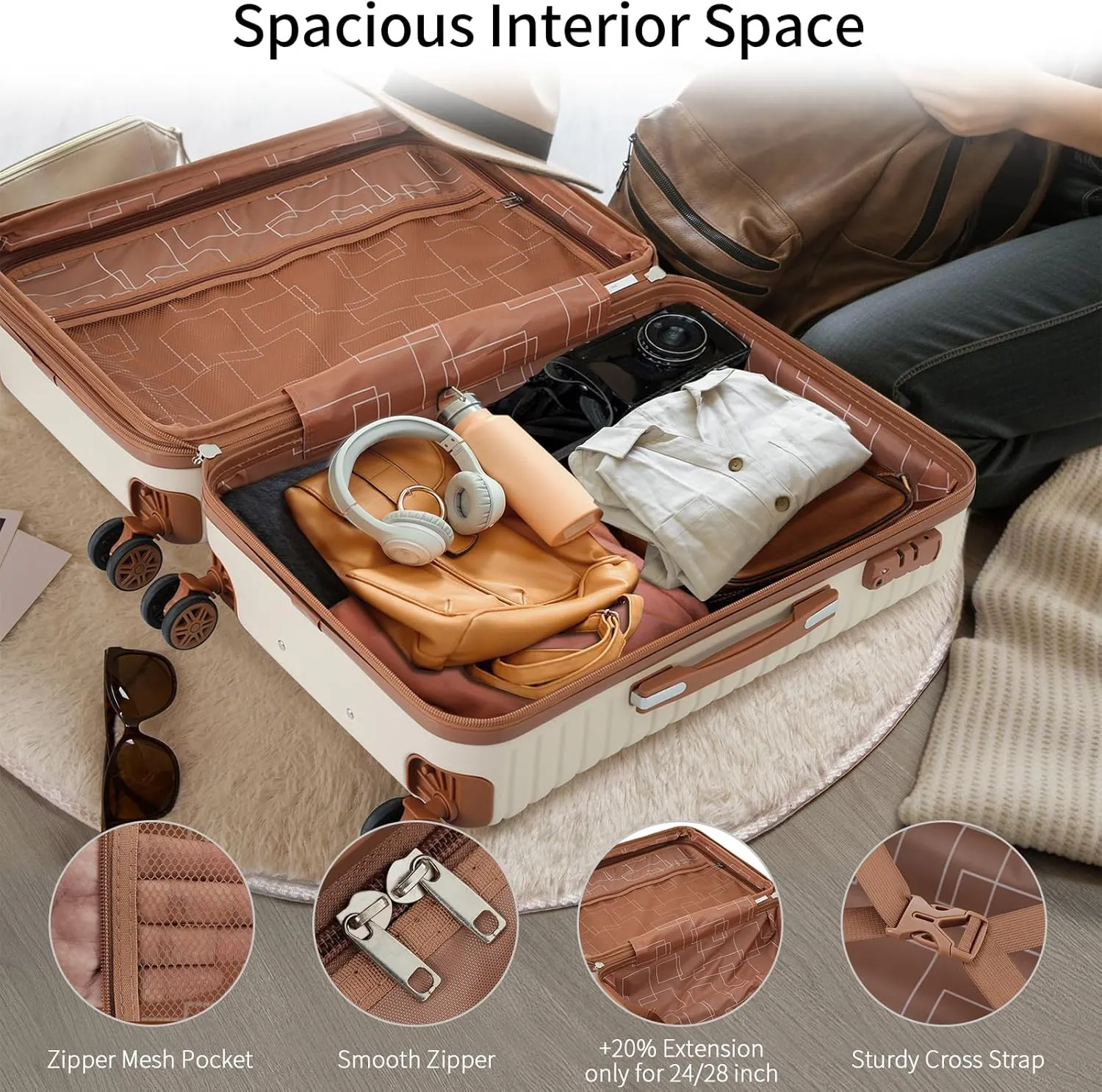 Hardshell Luggage Sets 3 Piece Carry-on Suitcase Double Spinner Wheels with TSA Lock for Men Women (Cream)