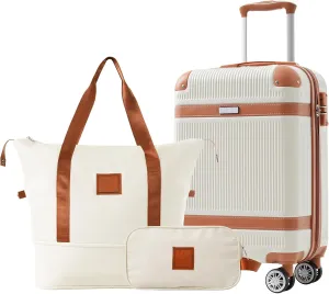 Hardshell Luggage Sets 3 Piece Carry-on Suitcase Double Spinner Wheels with TSA Lock for Men Women (White)