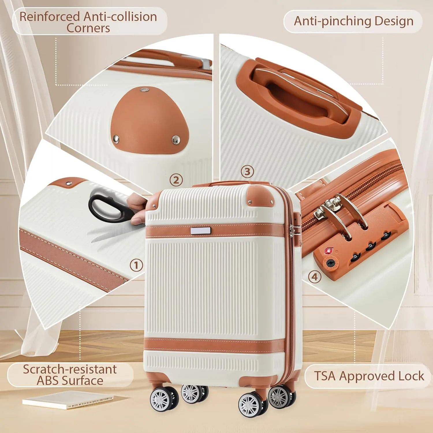 Hardshell Luggage Sets 3 Piece Carry-on Suitcase Double Spinner Wheels with TSA Lock for Men Women (White)