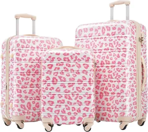 Hardshell Luggage Sets 3pcs Spinner Suitcase With Tsa Lock, Lightweight 20 Inches   24 Inches   28 Inches Pink Leopard-Durable Expandable Travel Luggage For Women & Men