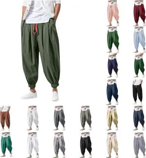 Harem Pants Men Cotton Linen Hippie Lightweight Trousers Baggy Elastic Waist Drawstring Casual Plus Size Sweatpants