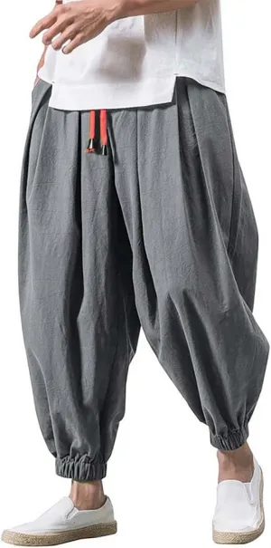 Harem Pants Men Cotton Linen Hippie Lightweight Trousers Baggy Elastic Waist Drawstring Casual Plus Size Sweatpants