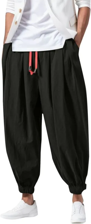 Harem Pants Men Cotton Linen Hippie Lightweight Trousers Baggy Elastic Waist Drawstring Casual Plus Size Sweatpants
