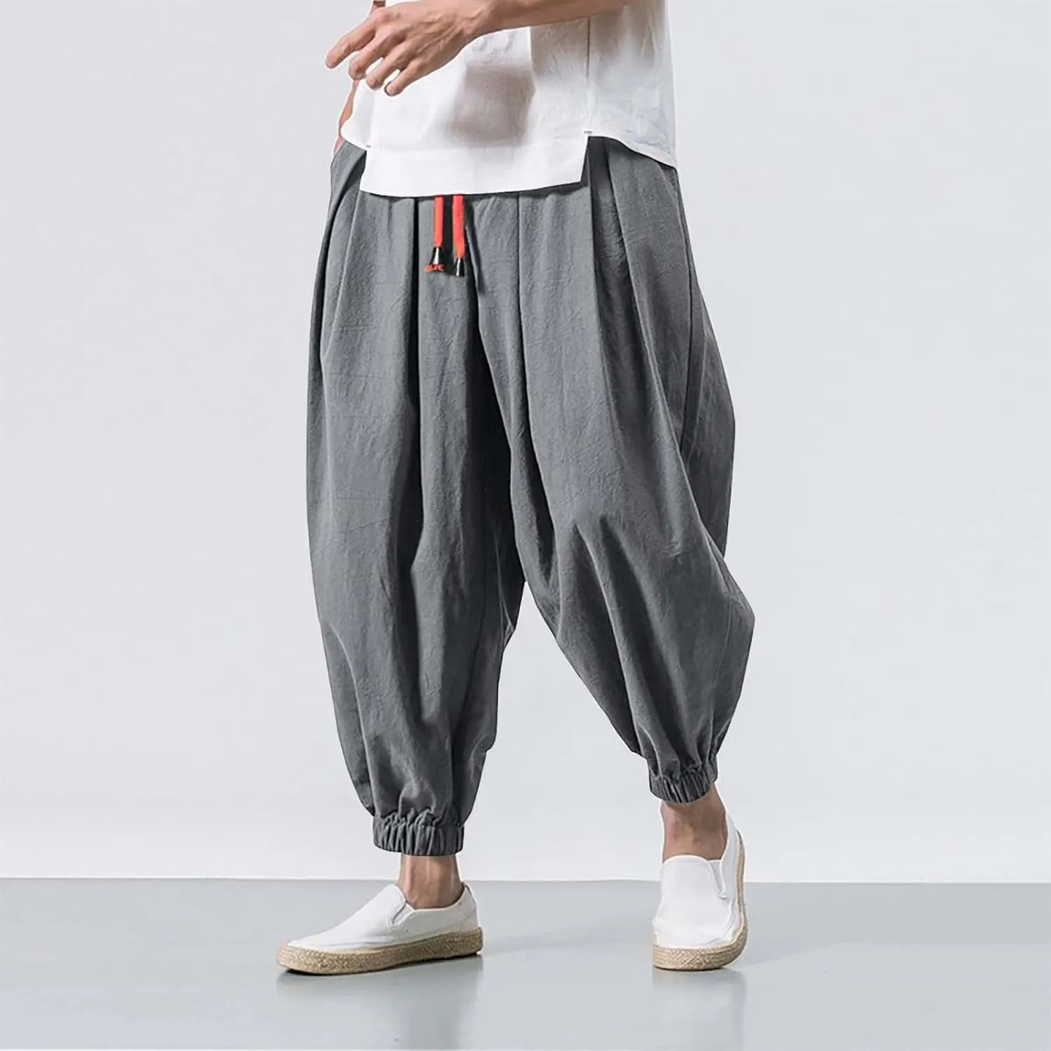 Harem Pants Men Cotton Linen Hippie Lightweight Trousers Baggy Elastic Waist Drawstring Casual Plus Size Sweatpants