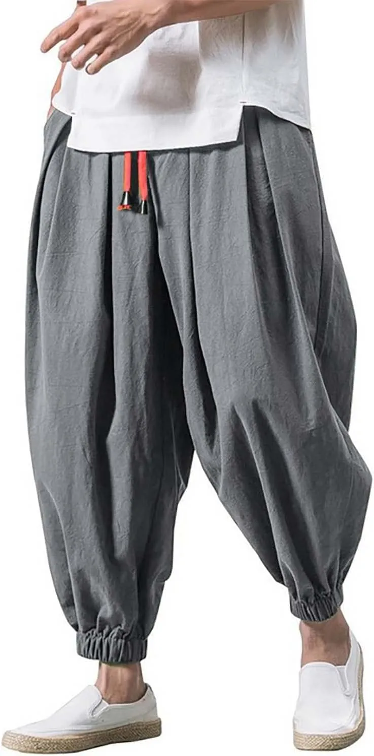 Harem Pants Men Cotton Linen Hippie Lightweight Trousers Baggy Elastic Waist Drawstring Casual Plus Size Sweatpants