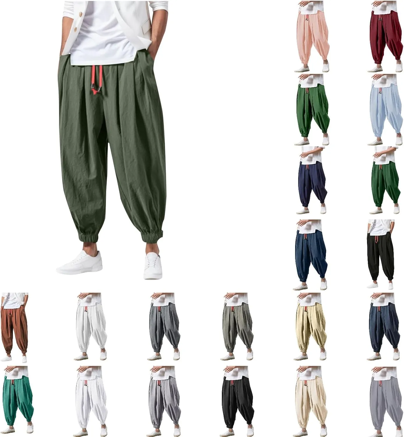 Harem Pants Men Cotton Linen Hippie Lightweight Trousers Baggy Elastic Waist Drawstring Casual Plus Size Sweatpants