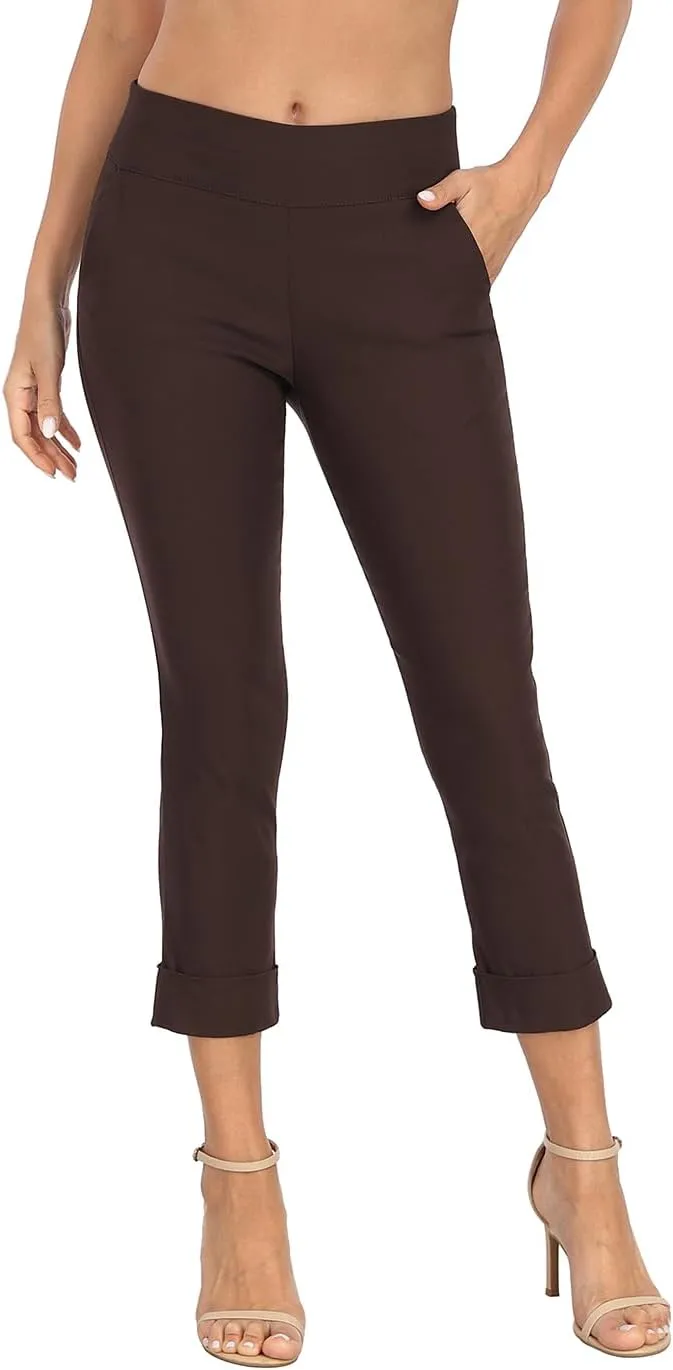 HDE Pull On Capri Pants for Women with Pockets Elastic Waist Cropped Work Pants