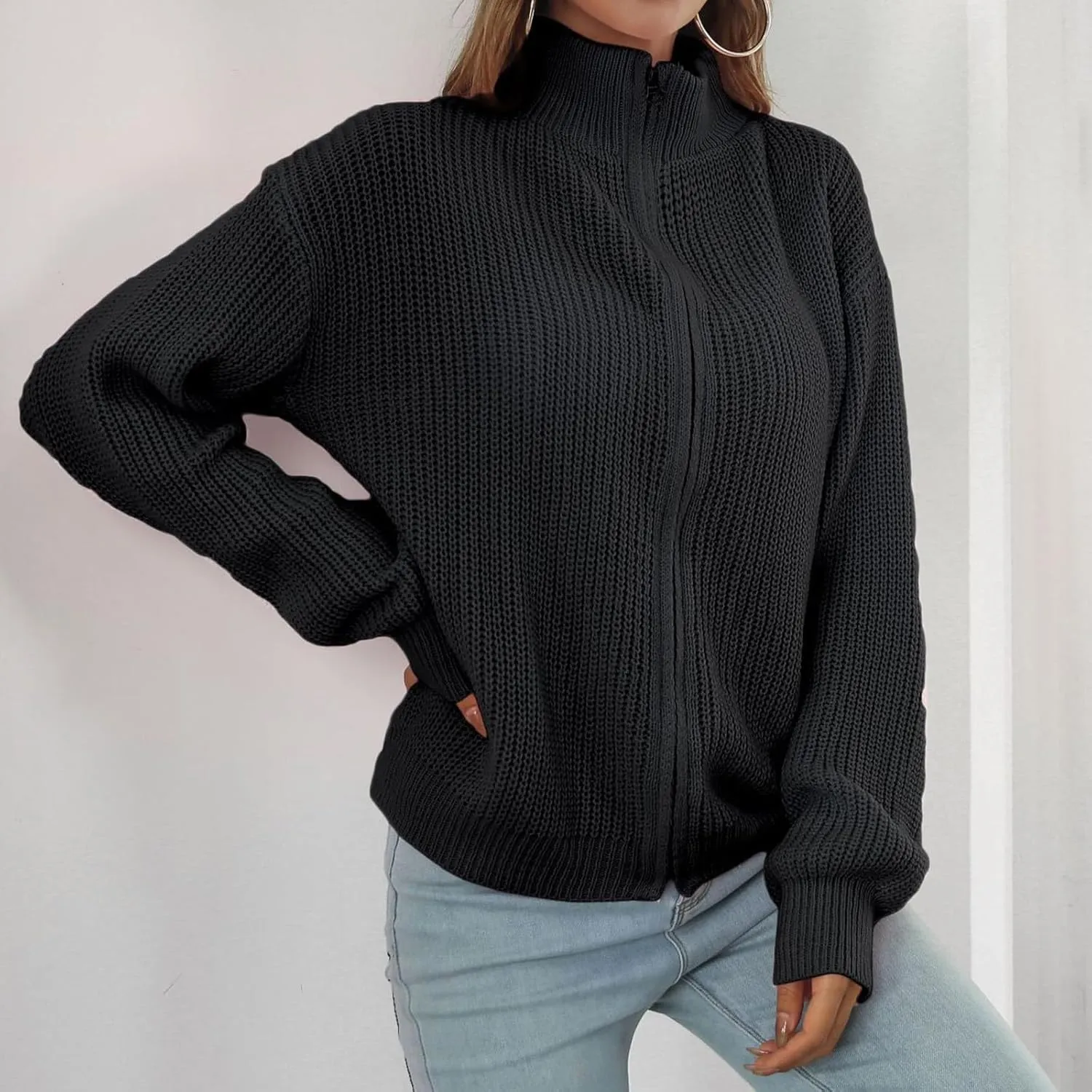 HGps8w Women's Stand Collar Zip Up Cardigan Sweaters Cozy Slouchy Long Sleeve Chunky Knit Outerwear Jackets
