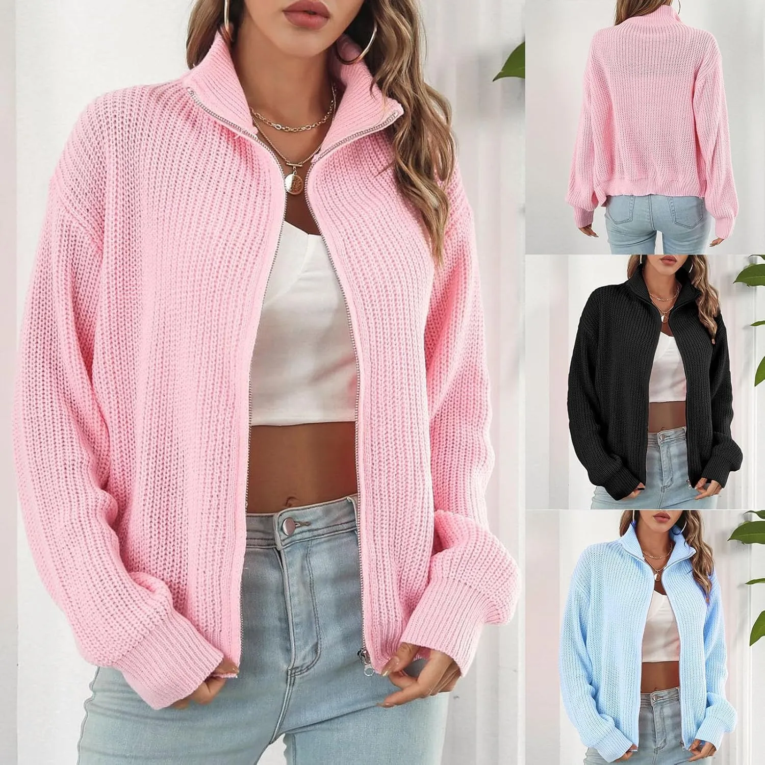 HGps8w Women's Stand Collar Zip Up Cardigan Sweaters Cozy Slouchy Long Sleeve Chunky Knit Outerwear Jackets