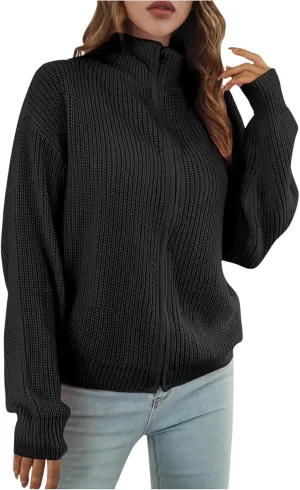 HGps8w Women's Stand Collar Zip Up Cardigan Sweaters Cozy Slouchy Long Sleeve Chunky Knit Outerwear Jackets