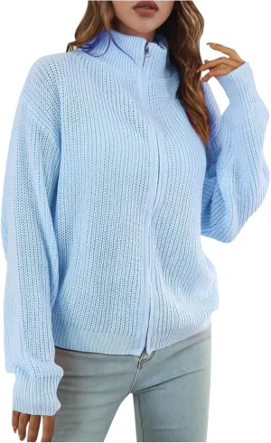 HGps8w Women's Stand Collar Zip Up Cardigan Sweaters Cozy Slouchy Long Sleeve Chunky Knit Outerwear Jackets