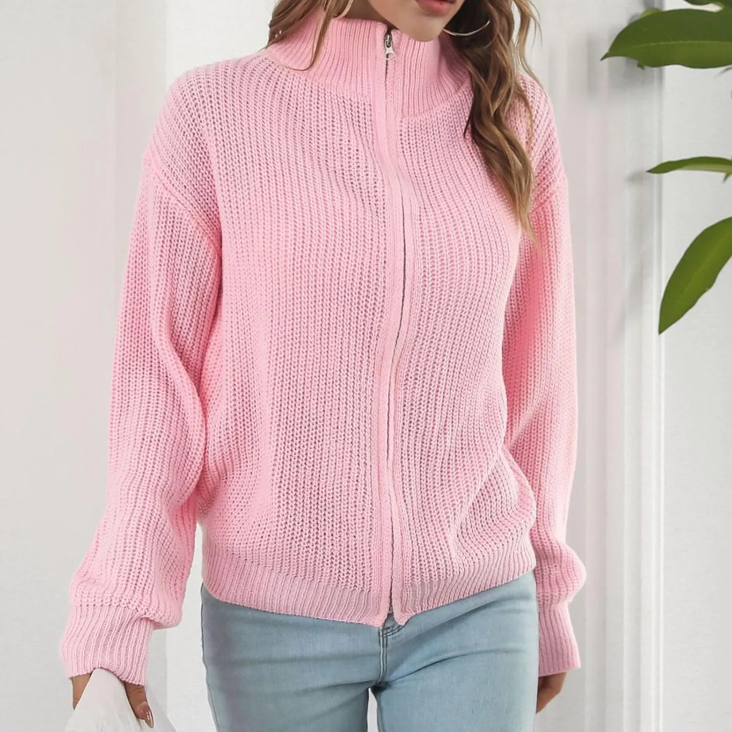 HGps8w Women's Stand Collar Zip Up Cardigan Sweaters Cozy Slouchy Long Sleeve Chunky Knit Outerwear Jackets