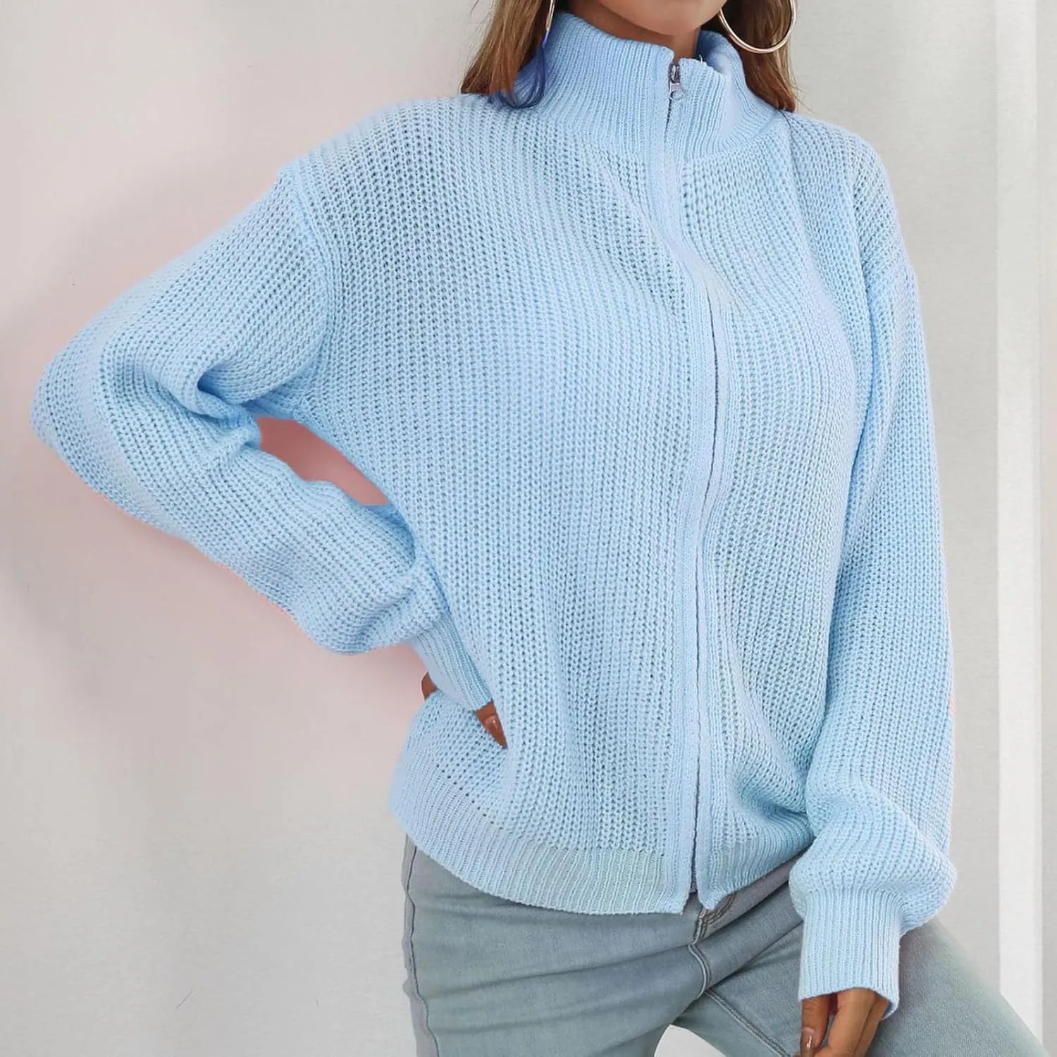 HGps8w Women's Stand Collar Zip Up Cardigan Sweaters Cozy Slouchy Long Sleeve Chunky Knit Outerwear Jackets