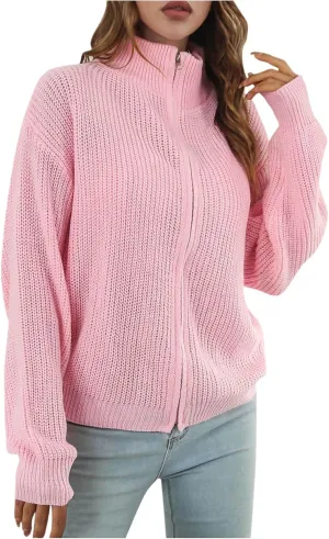 HGps8w Women's Stand Collar Zip Up Cardigan Sweaters Cozy Slouchy Long Sleeve Chunky Knit Outerwear Jackets