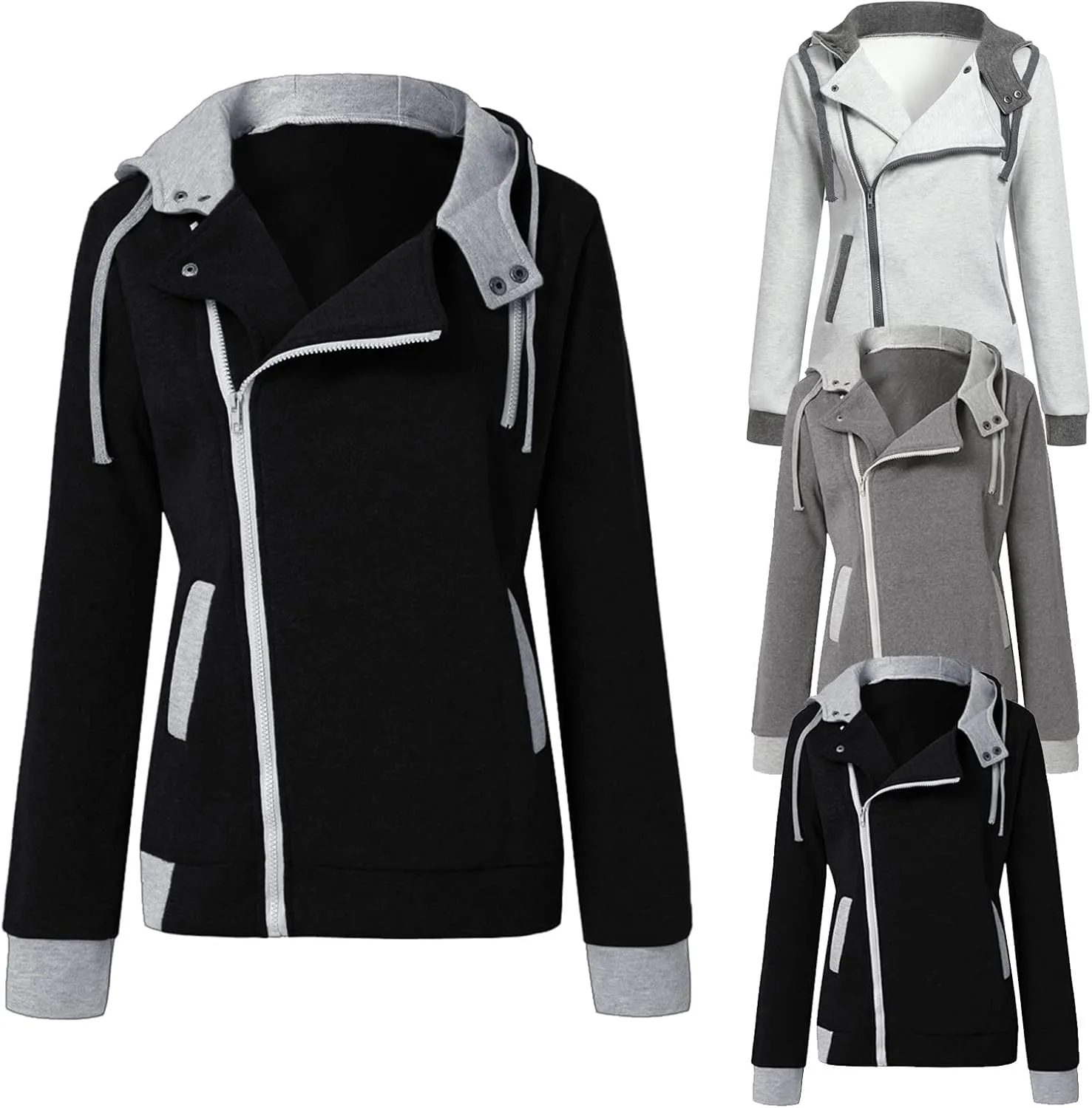 HGps8w Women's Winter Hoodies Asymmetrical Skew Zip Up Sherpa Fleece Warm Hooded Sweatshirt Jacket Coats
