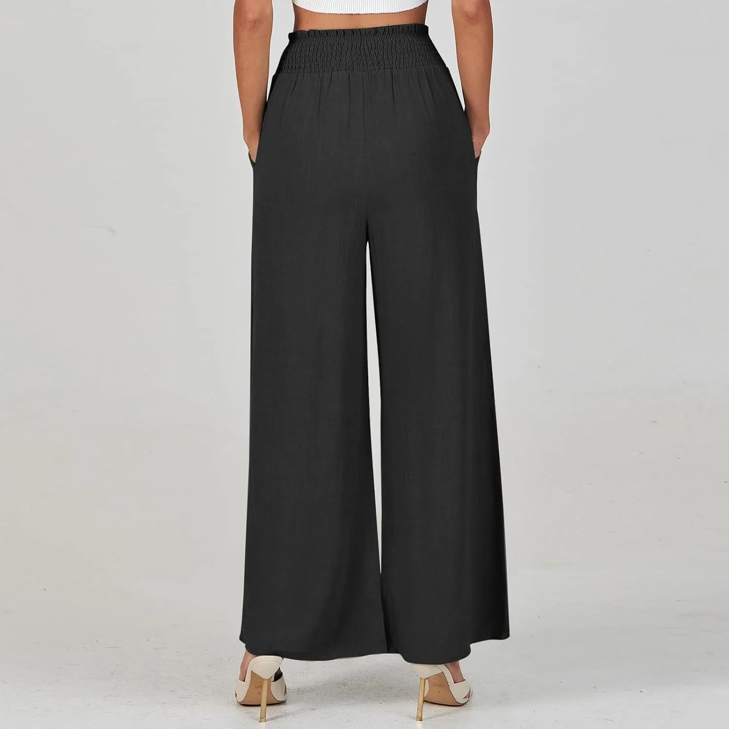 High Waisted Linen Pants Women Elastic Waist Drawstring Wide Leg Pants Summer Casual Baggy Pants Trousers with Pockets