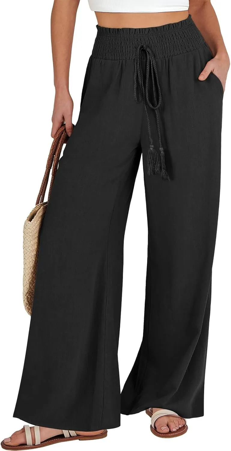 High Waisted Linen Pants Women Elastic Waist Drawstring Wide Leg Pants Summer Casual Baggy Pants Trousers with Pockets