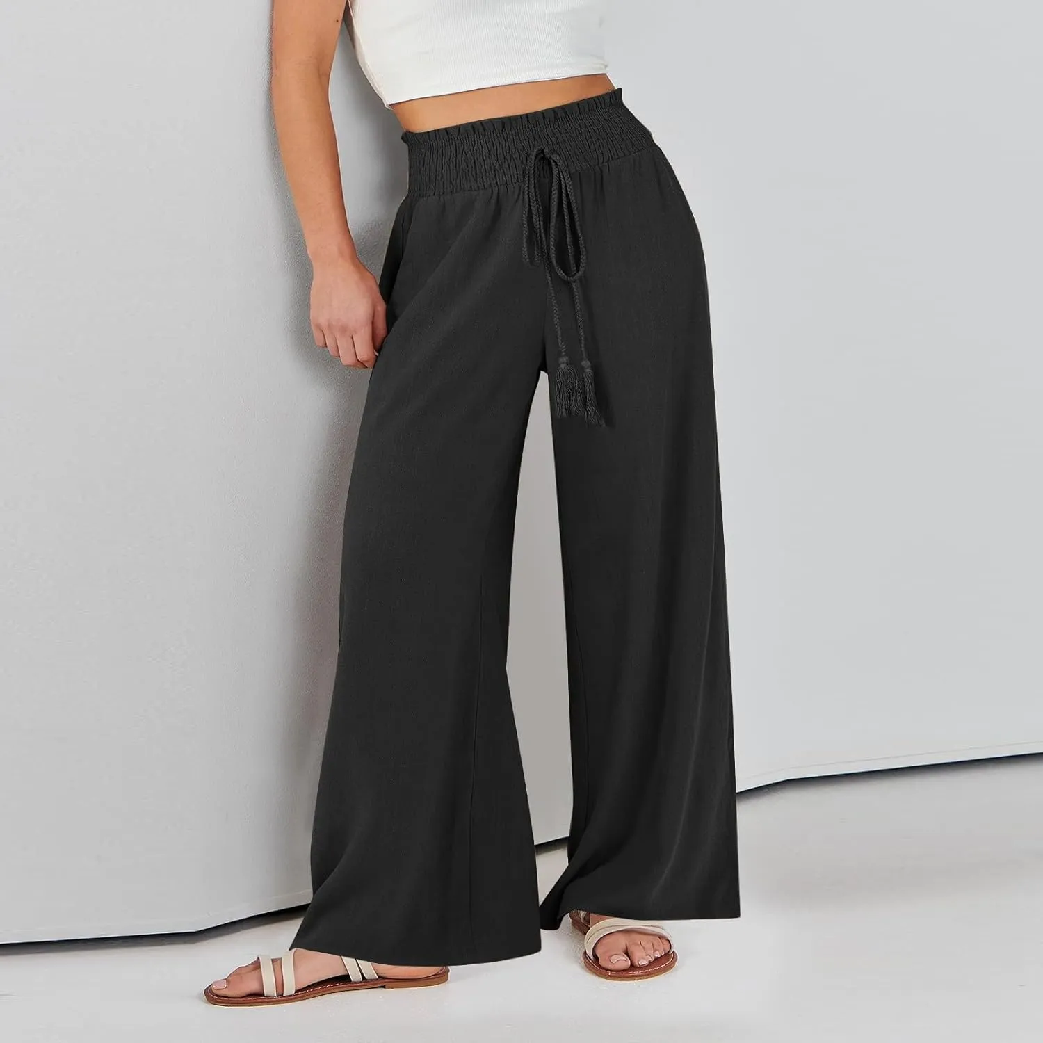 High Waisted Linen Pants Women Elastic Waist Drawstring Wide Leg Pants Summer Casual Baggy Pants Trousers with Pockets
