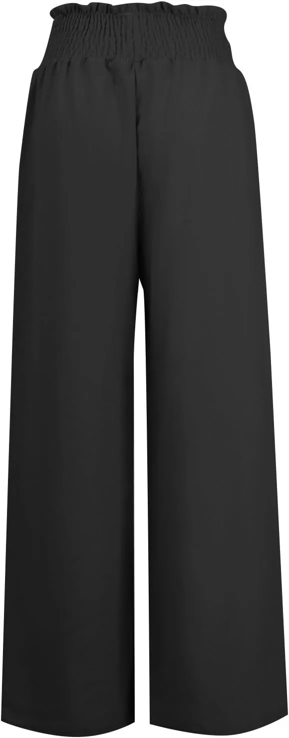 High Waisted Linen Pants Women Elastic Waist Drawstring Wide Leg Pants Summer Casual Baggy Pants Trousers with Pockets
