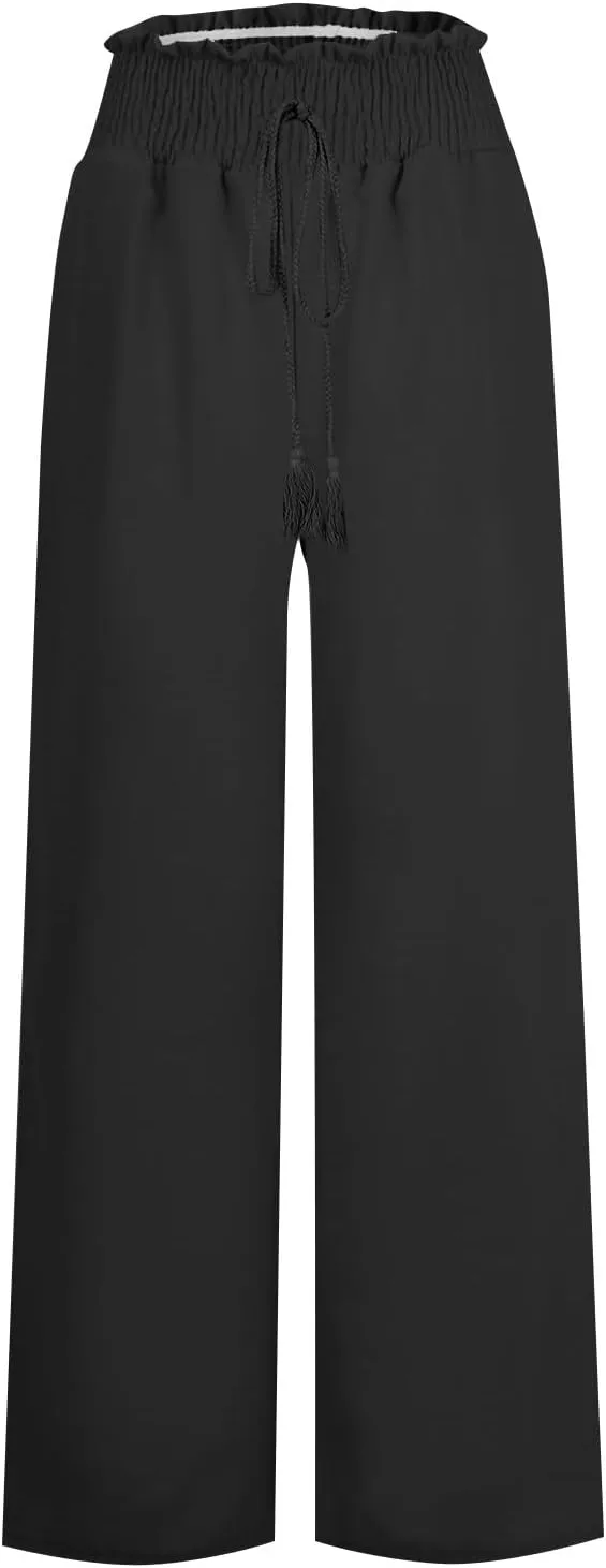 High Waisted Linen Pants Women Elastic Waist Drawstring Wide Leg Pants Summer Casual Baggy Pants Trousers with Pockets