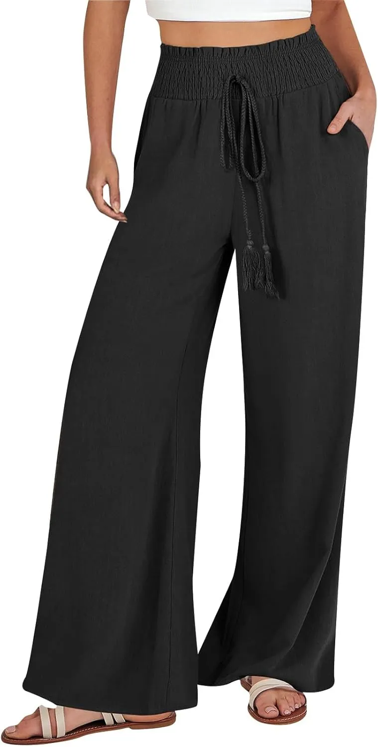 High Waisted Linen Pants Women Elastic Waist Drawstring Wide Leg Pants Summer Casual Baggy Pants Trousers with Pockets