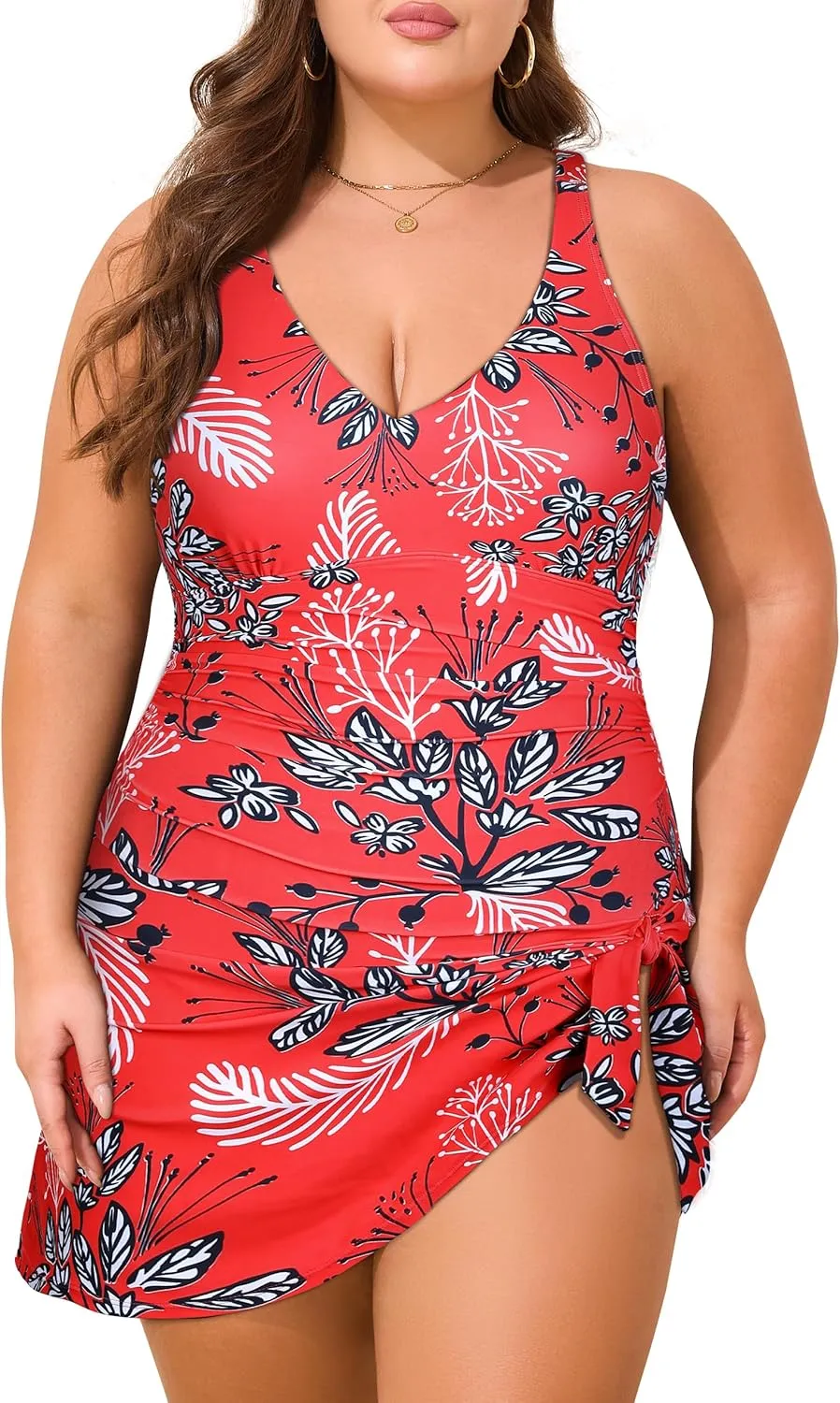 Hilor Women's Underwire One Piece Swimdress V Neck Swimsuits Tummy Control Swim Dress Slimming Skirt Bathing Suit