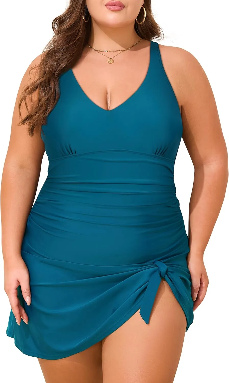Hilor Women's Underwire One Piece Swimdress V Neck Swimsuits Tummy Control Swim Dress Slimming Skirt Bathing Suit