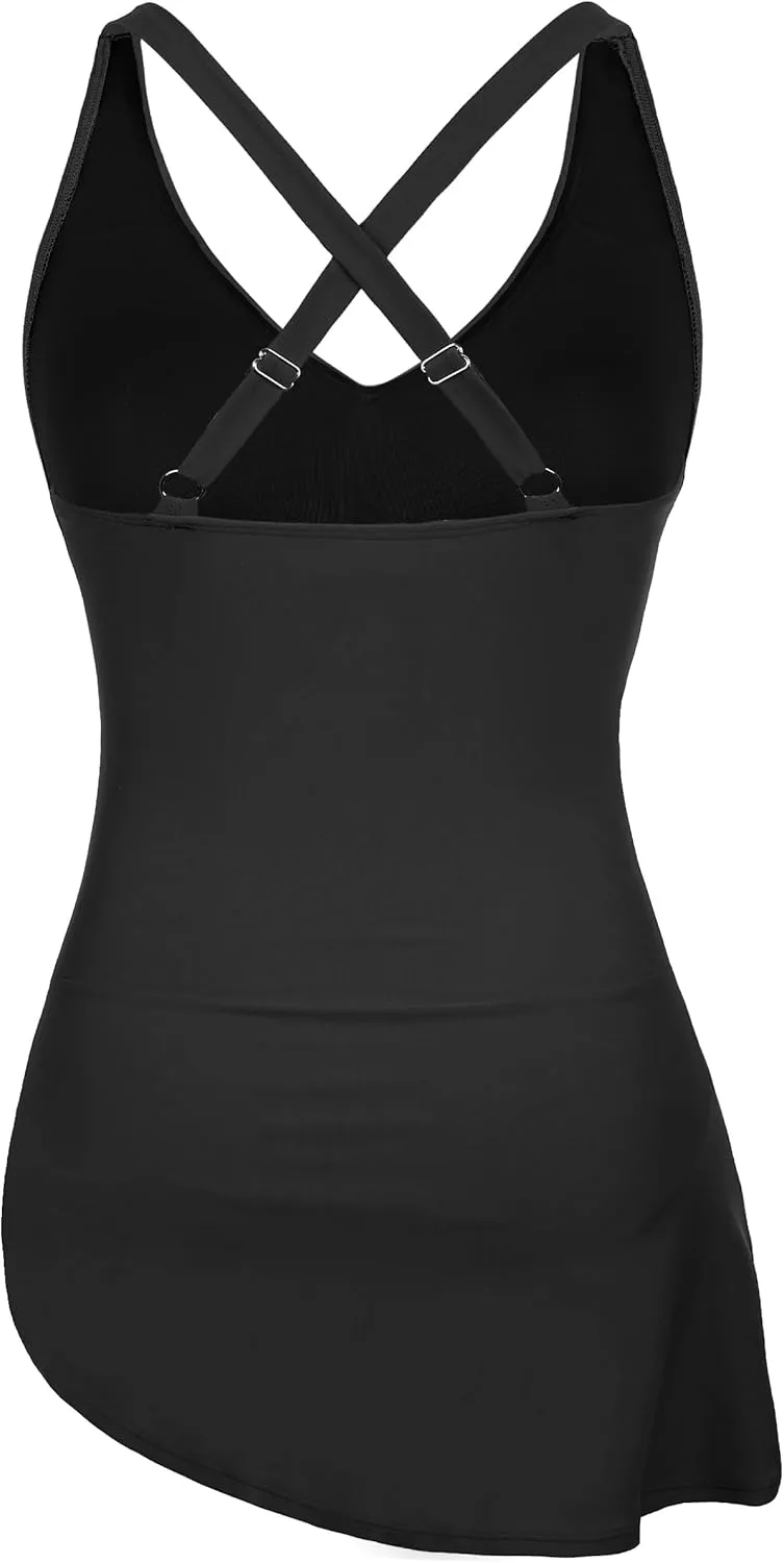 Hilor Women's Underwire One Piece Swimdress V Neck Swimsuits Tummy Control Swim Dress Slimming Skirt Bathing Suit