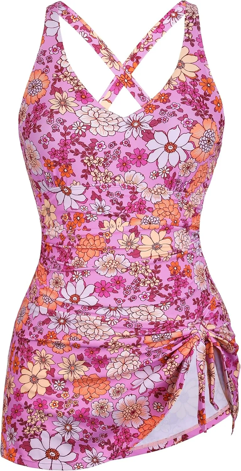 Hilor Women's Underwire One Piece Swimdress V Neck Swimsuits Tummy Control Swim Dress Slimming Skirt Bathing Suit