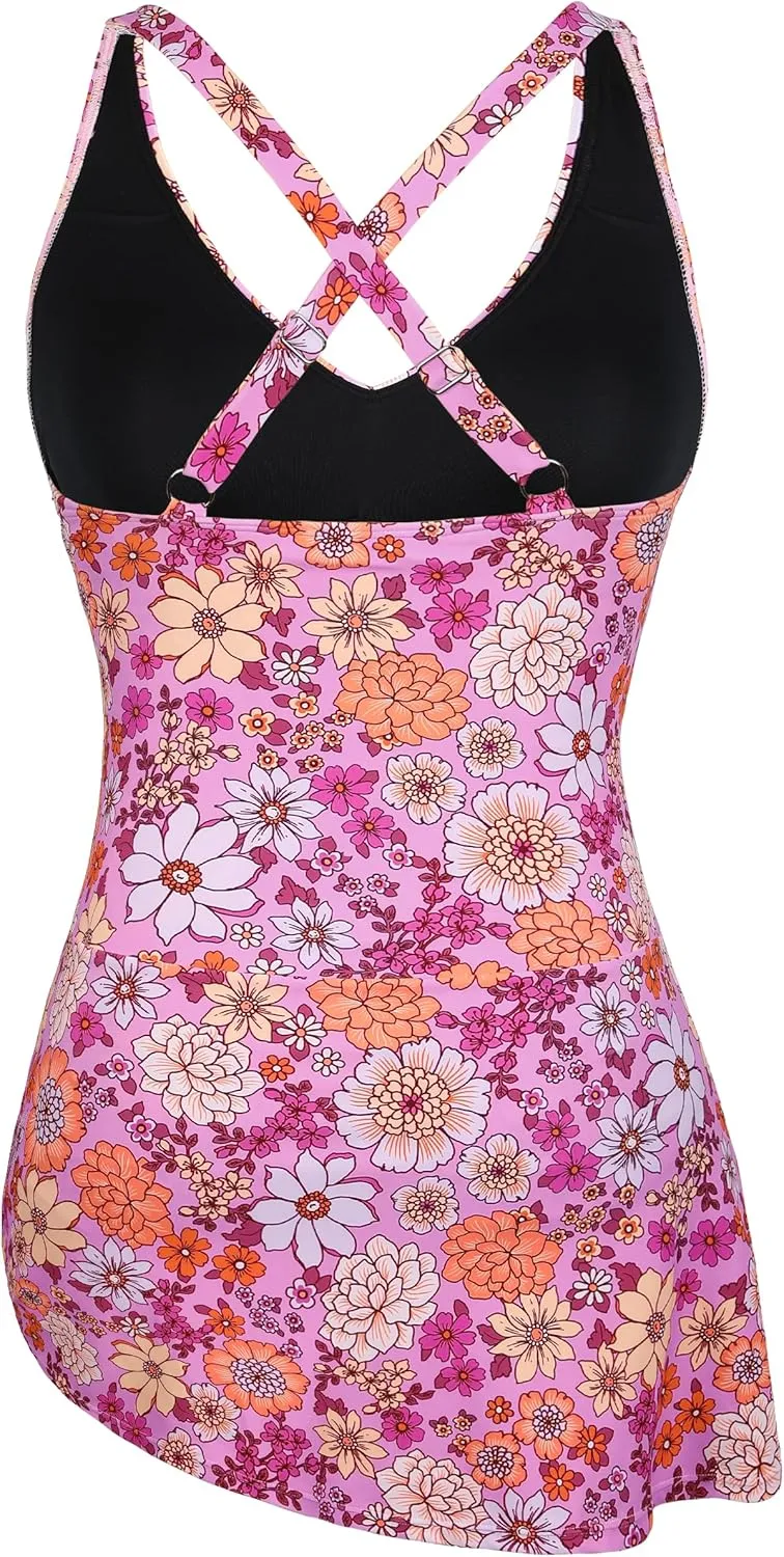 Hilor Women's Underwire One Piece Swimdress V Neck Swimsuits Tummy Control Swim Dress Slimming Skirt Bathing Suit