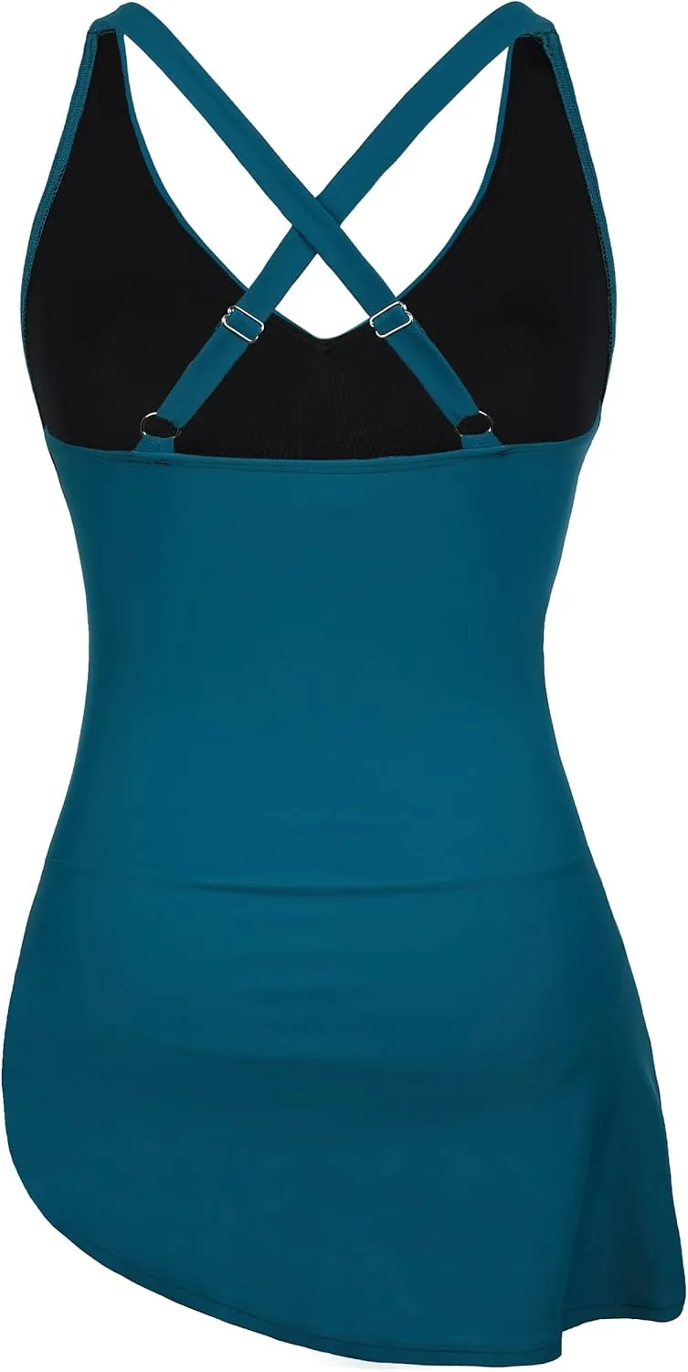 Hilor Women's Underwire One Piece Swimdress V Neck Swimsuits Tummy Control Swim Dress Slimming Skirt Bathing Suit