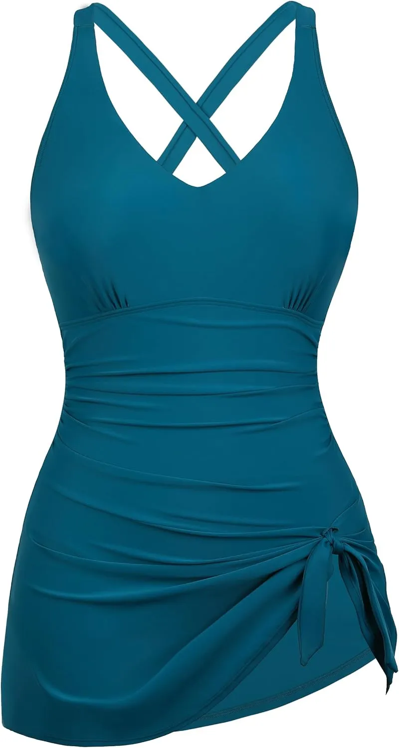 Hilor Women's Underwire One Piece Swimdress V Neck Swimsuits Tummy Control Swim Dress Slimming Skirt Bathing Suit