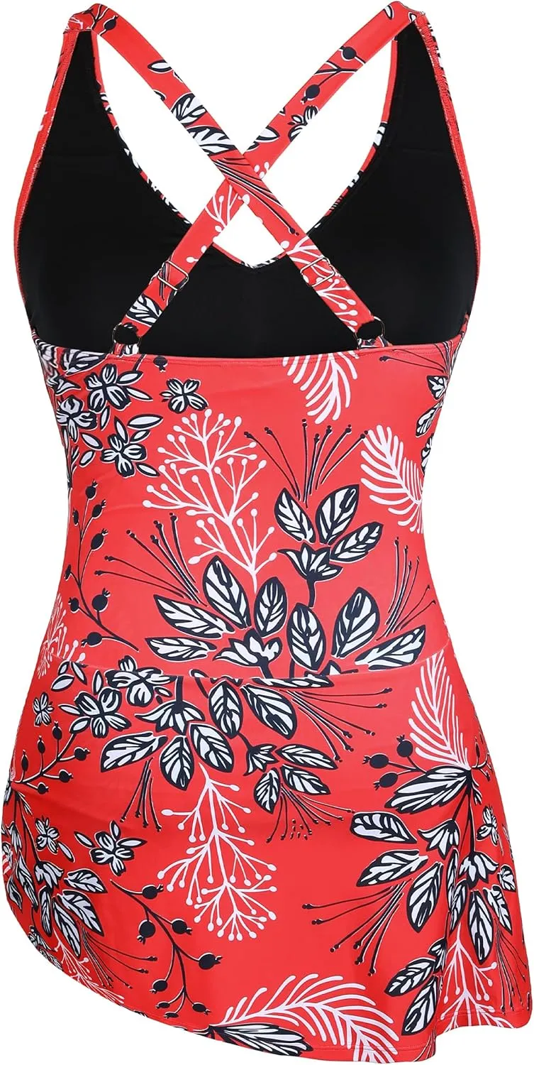 Hilor Women's Underwire One Piece Swimdress V Neck Swimsuits Tummy Control Swim Dress Slimming Skirt Bathing Suit