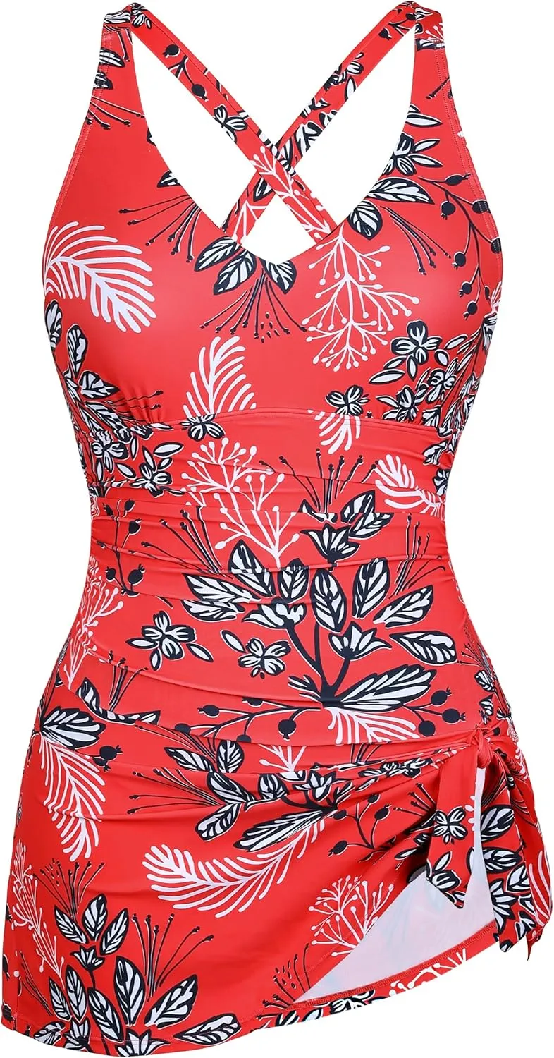 Hilor Women's Underwire One Piece Swimdress V Neck Swimsuits Tummy Control Swim Dress Slimming Skirt Bathing Suit