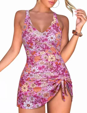 Hilor Women's Underwire One Piece Swimdress V Neck Swimsuits Tummy Control Swim Dress Slimming Skirt Bathing Suit