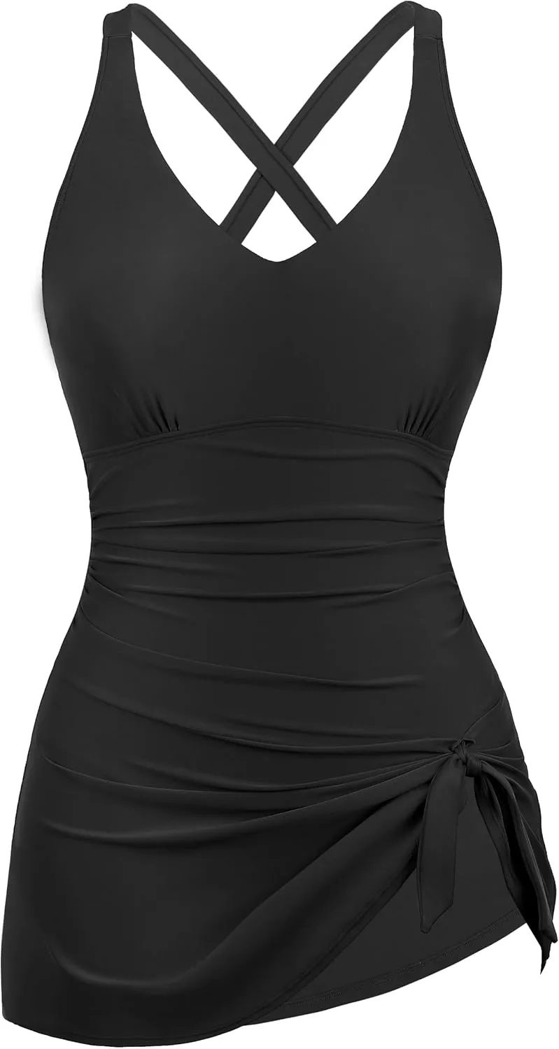 Hilor Women's Underwire One Piece Swimdress V Neck Swimsuits Tummy Control Swim Dress Slimming Skirt Bathing Suit
