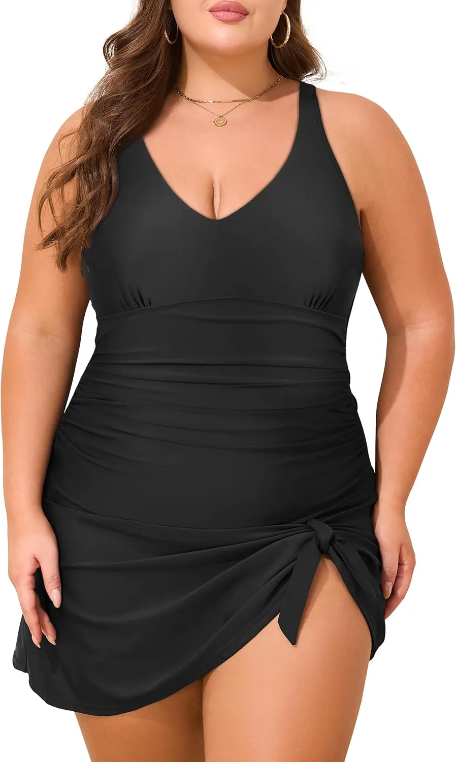 Hilor Women's Underwire One Piece Swimdress V Neck Swimsuits Tummy Control Swim Dress Slimming Skirt Bathing Suit