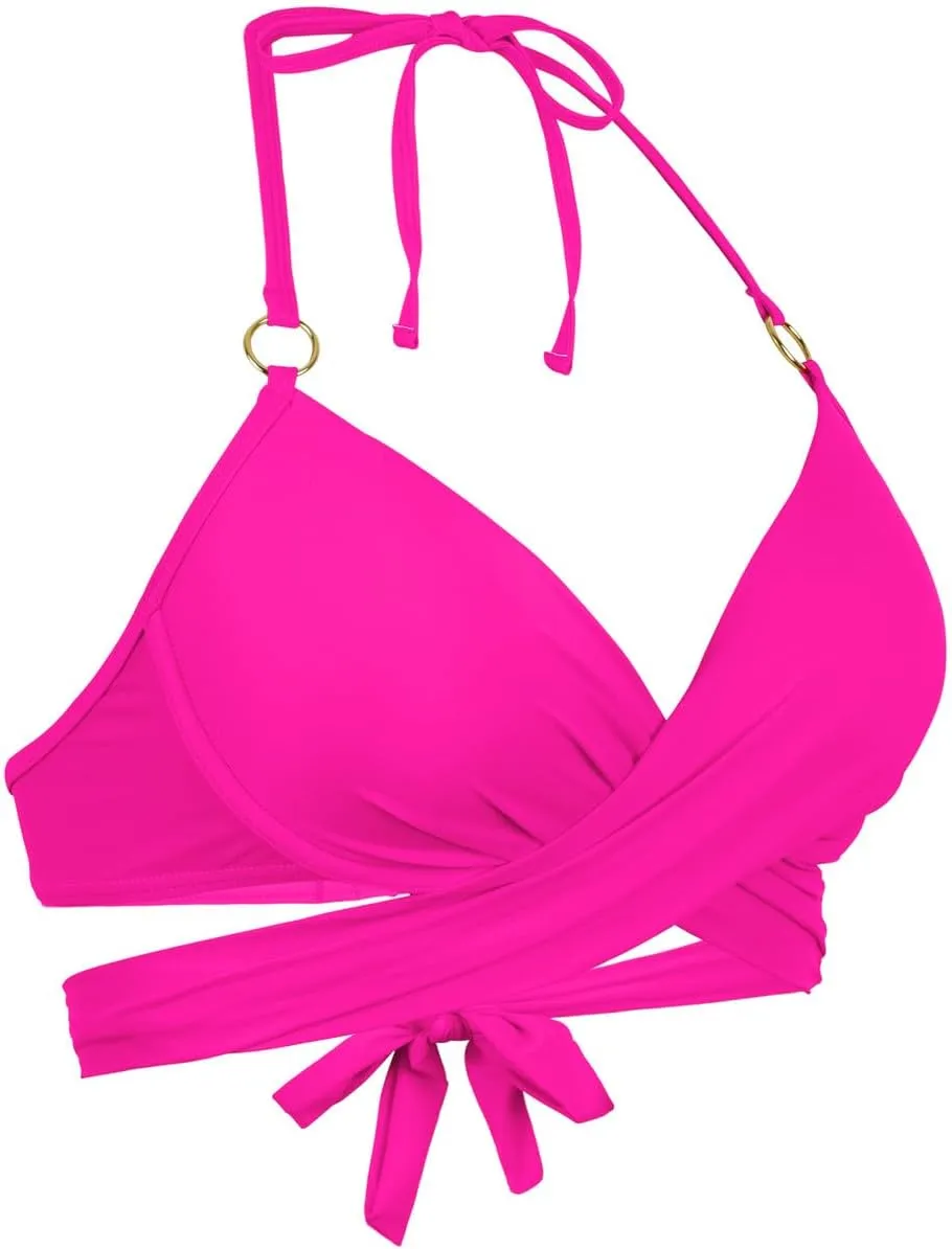 Hilor Women's Underwire Push Up Bikini Top with Ring Wrap Criss Cross Swimsuits Halter Bathing Suit Swim Tops