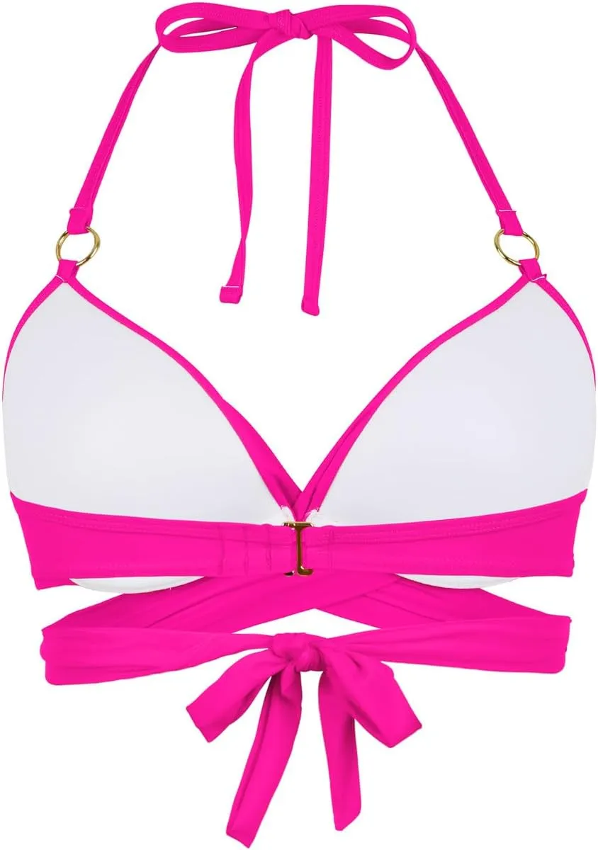 Hilor Women's Underwire Push Up Bikini Top with Ring Wrap Criss Cross Swimsuits Halter Bathing Suit Swim Tops