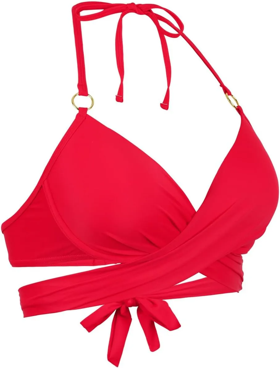 Hilor Women's Underwire Push Up Bikini Top with Ring Wrap Criss Cross Swimsuits Halter Bathing Suit Swim Tops