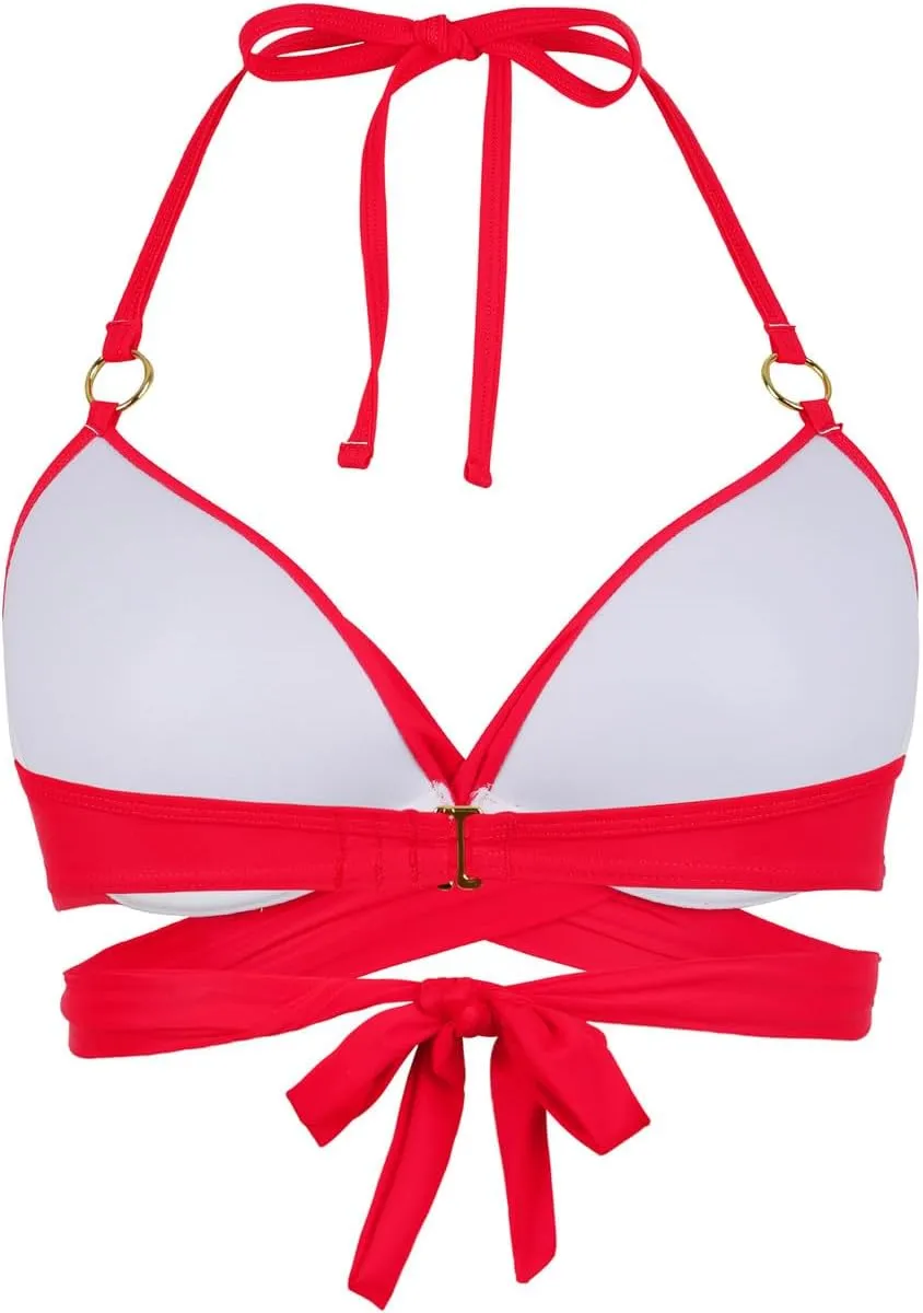 Hilor Women's Underwire Push Up Bikini Top with Ring Wrap Criss Cross Swimsuits Halter Bathing Suit Swim Tops