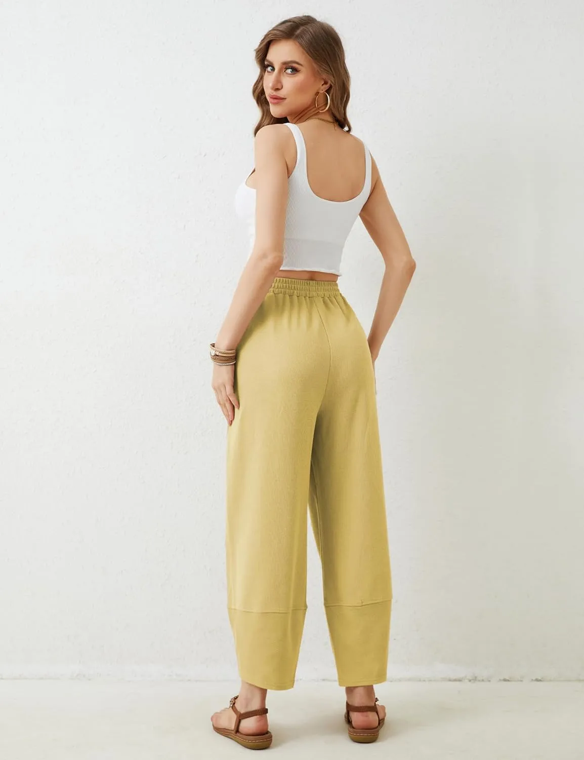 Himosyber Women Cotton Pants Wide Leg Pants Casual Loose Baggy Elastic Waist Beach Palazzo Harem Pants