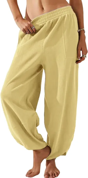 Himosyber Women Cotton Pants Wide Leg Pants Casual Loose Baggy Elastic Waist Beach Palazzo Harem Pants